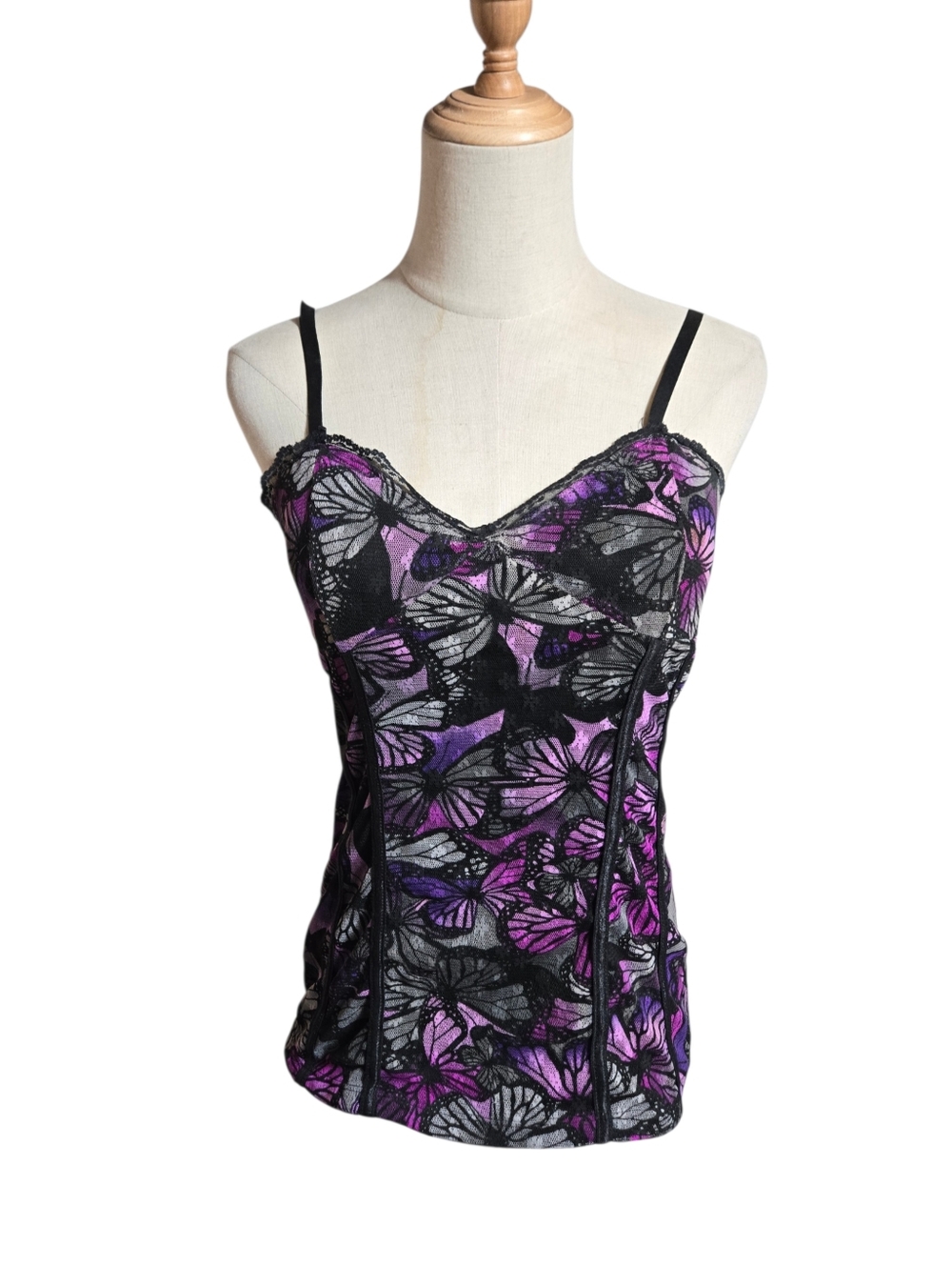 No Boundaries Vintage Y2K Black and Purple Butterfly Lace Corset Cami